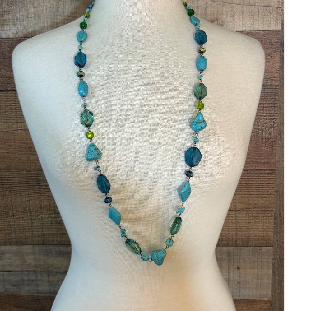 Faux Turquoise and Teal Glass Beaded Long Boho Necklace Antique Brass